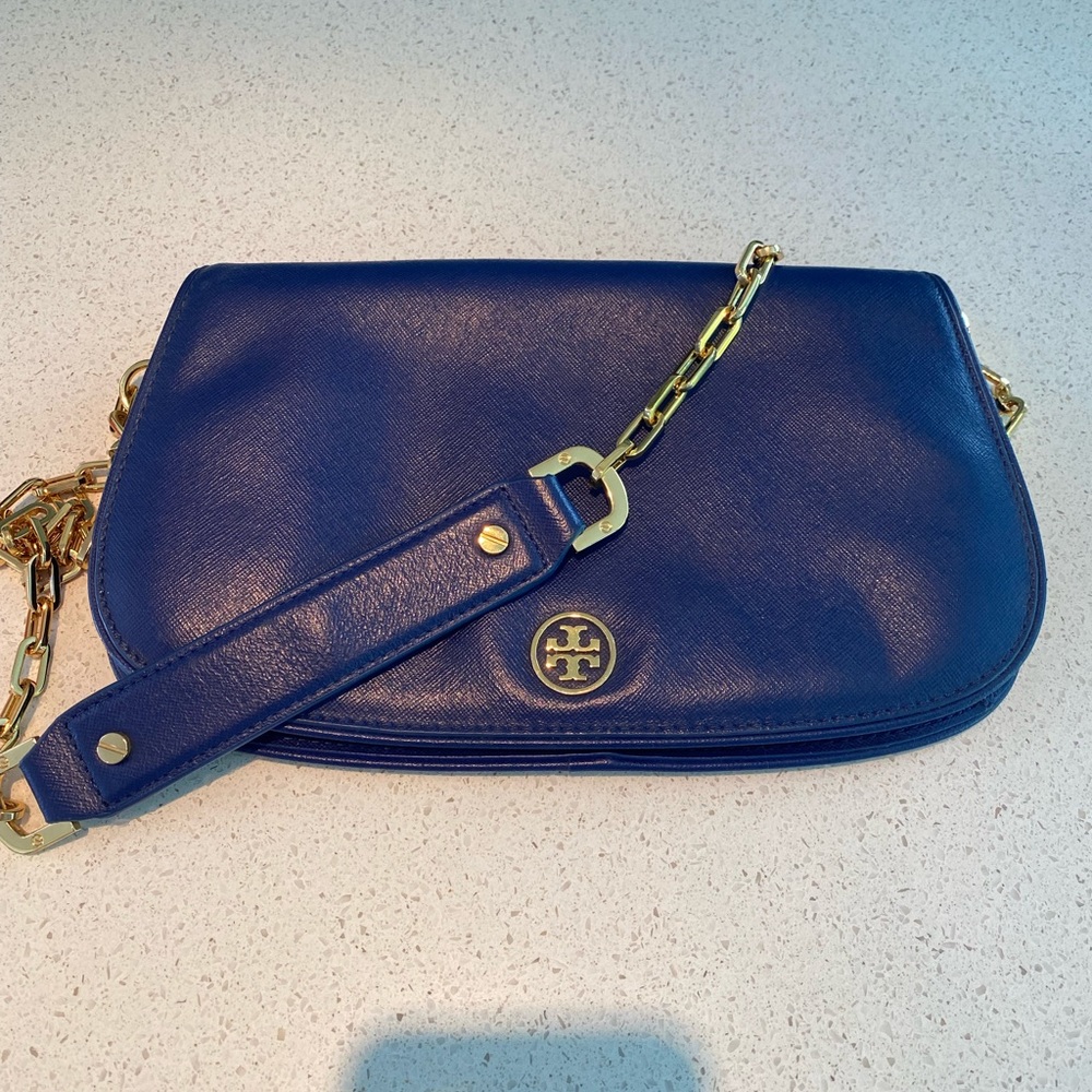 Tory Burch Blue Saffiano Clutch Bag Gold Chain
